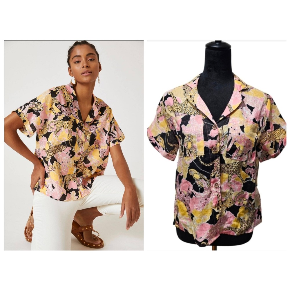 Maeve Anthropologie Linen Button Down Shirt Womens XXS Pink‎ Jungle Print